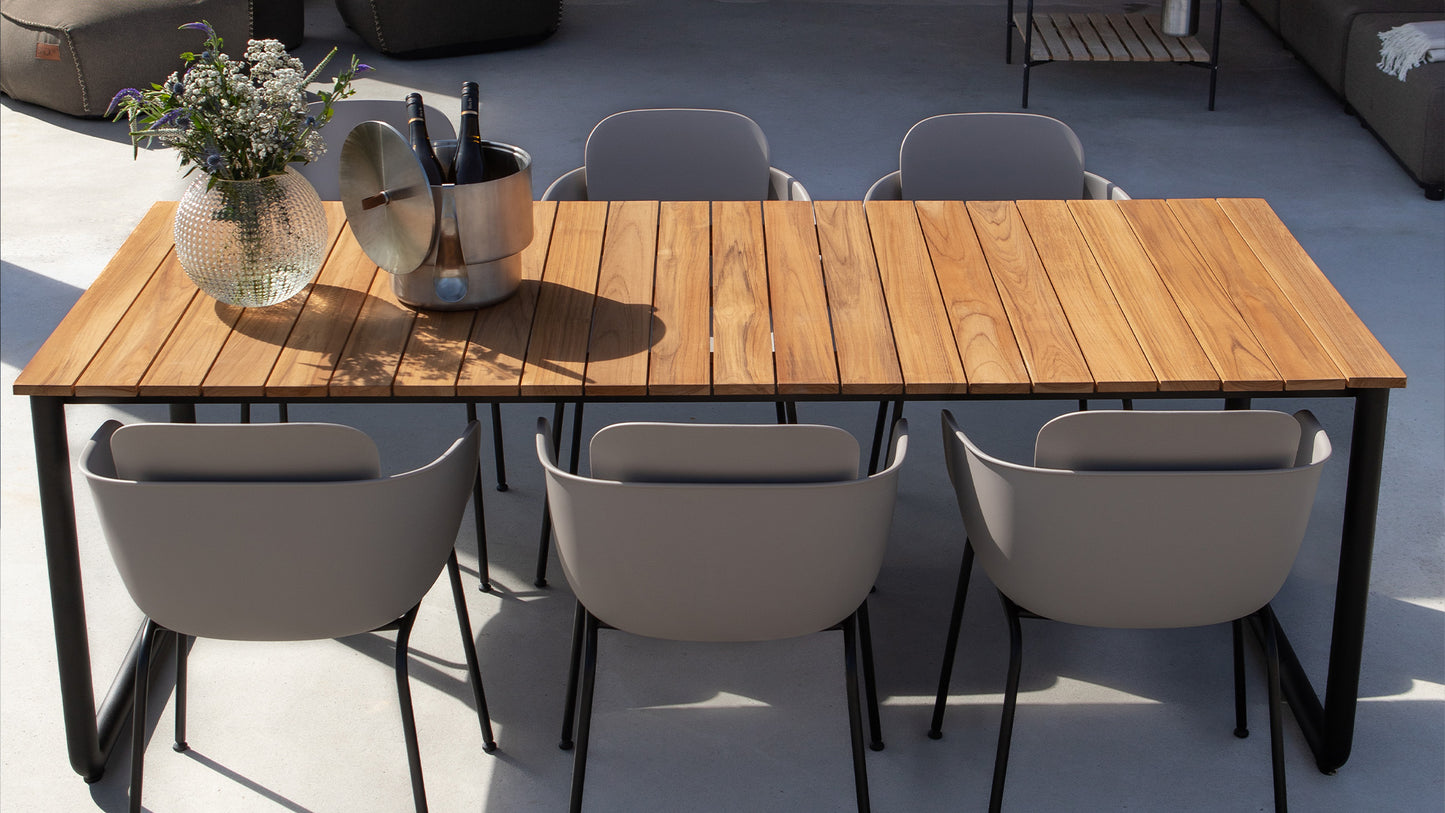 Patio Dining Table - 210x90 - Rundt udendørs spisebord i teaktræ og aluminium