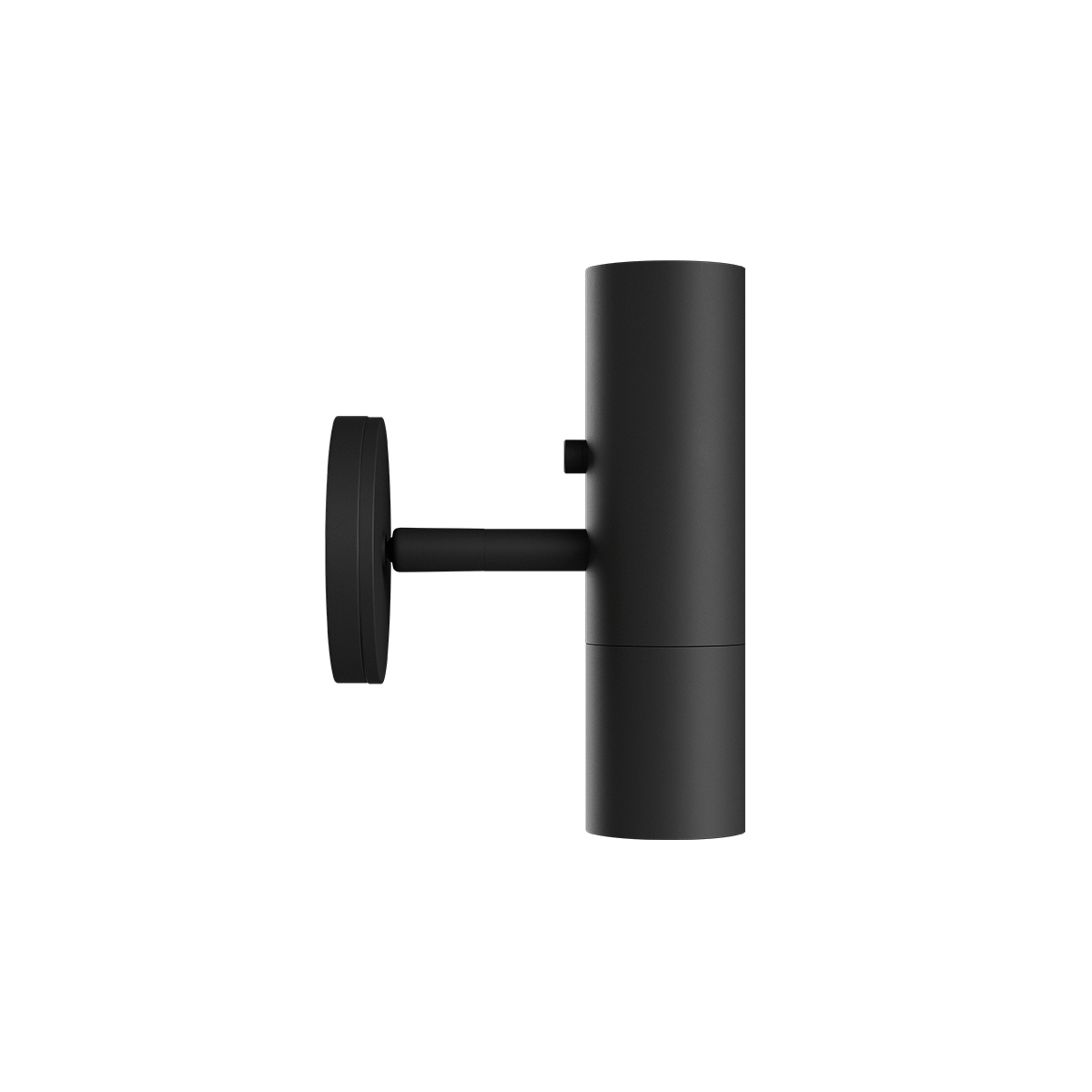 Sort cylindrisk væglampe i minimalistisk dansk design med diskret arm og rund vægmontering til moderne udendørs og indendørs belysning