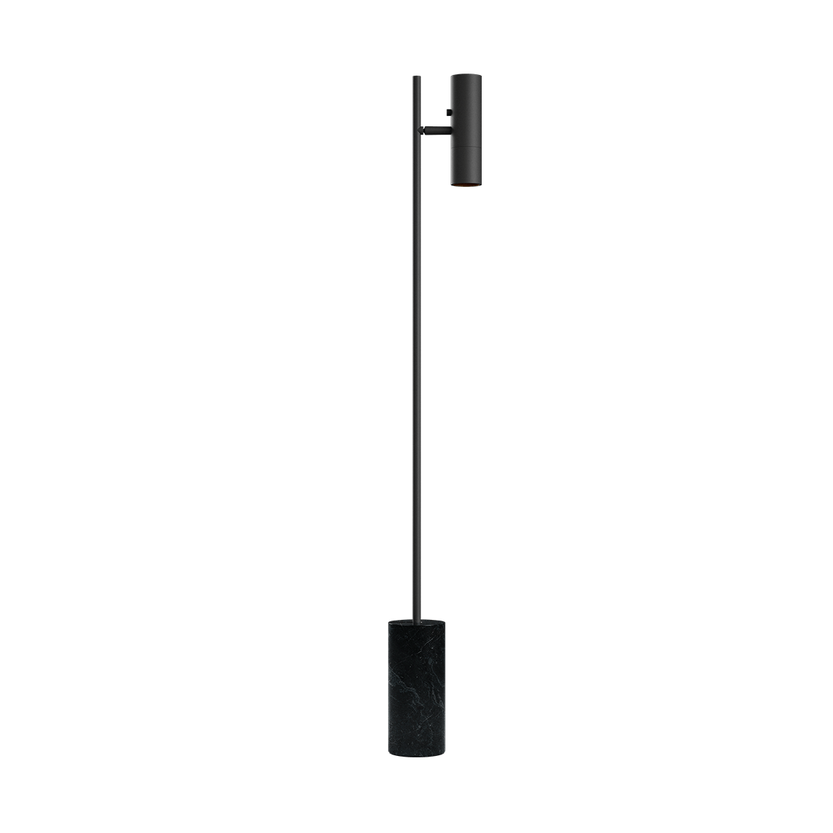 Sort gulvlampe i mat aluminium med cylindrisk marmorfod og justerbart lampehoved. Et enkelt og eksklusivt design fra Contract til moderne nordiske rum