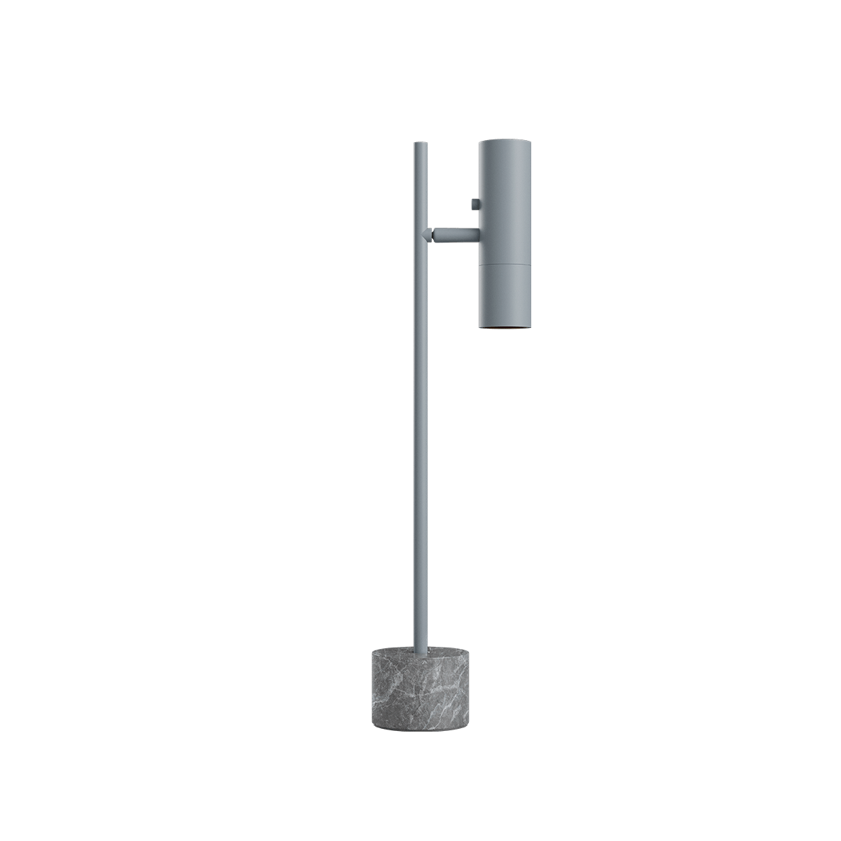 Grå gulvlampe fra Contract med slankt metalstel cylindrisk skærm og tung base i grå sten til stilfuld nordisk belysning