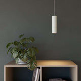 Hvid Expo Pendant pendellampe i aluminium med enkel, slank form og varm belysning.
