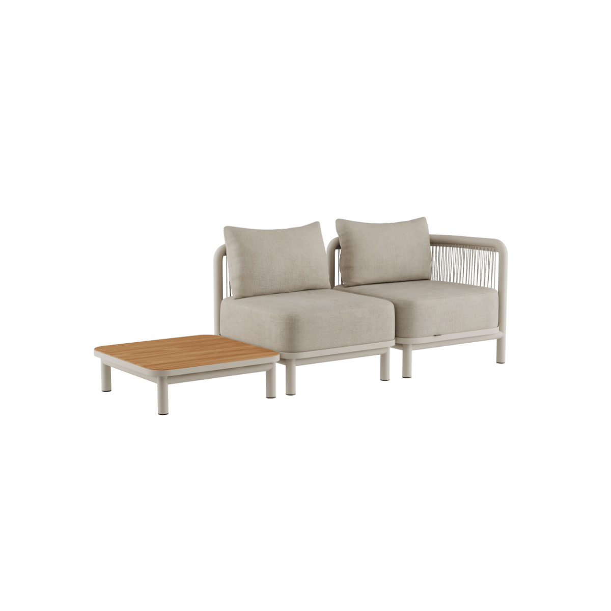 sackit Kirra loungesofa til to personer med matchende sidebord i træ til en stilfuld og komfortabel udendørs loungeplads
