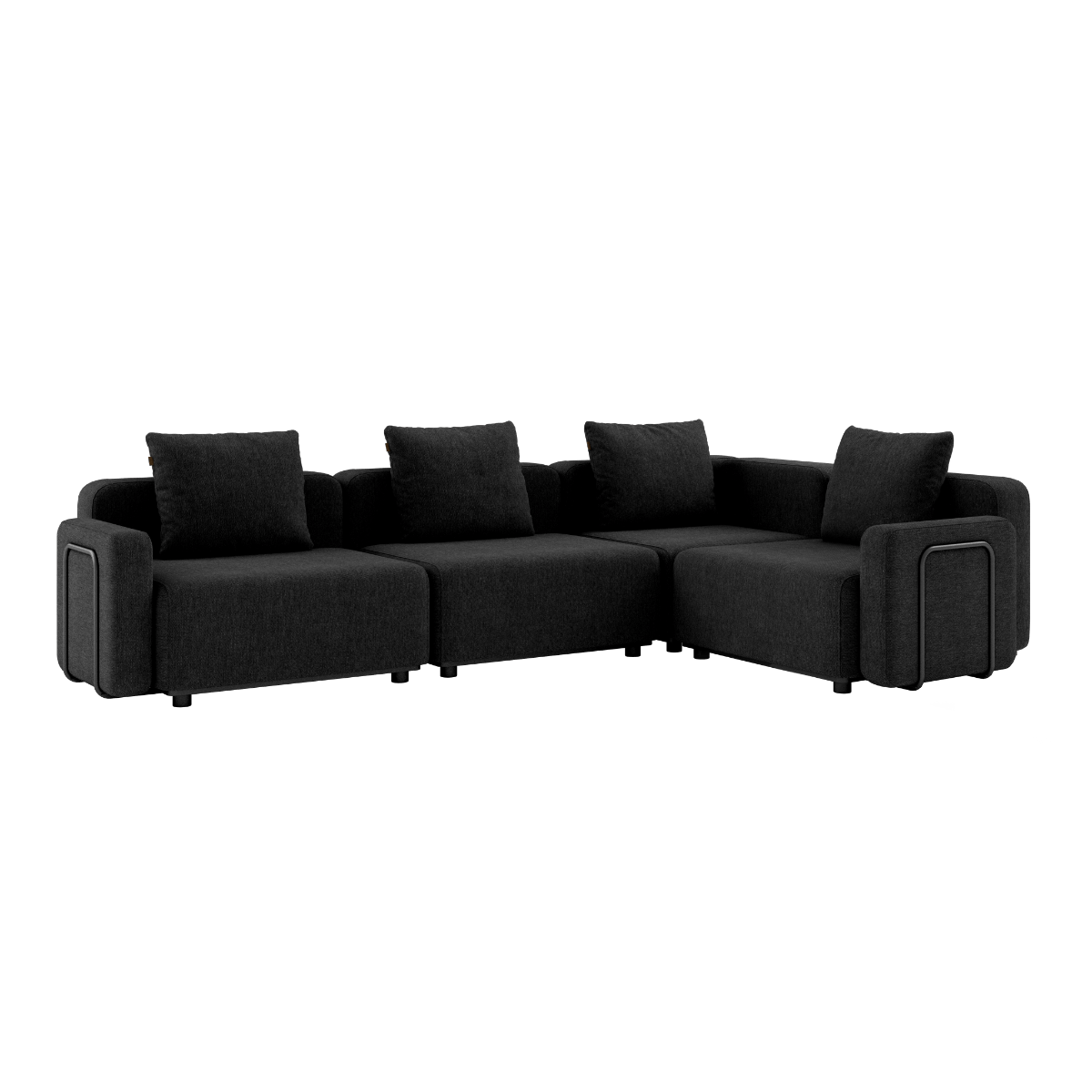 Sort firepersoners hjørnesofa i modulopbygget design med bløde ryghynder og brede armlæn til et stilrent udendørs opholdsrum