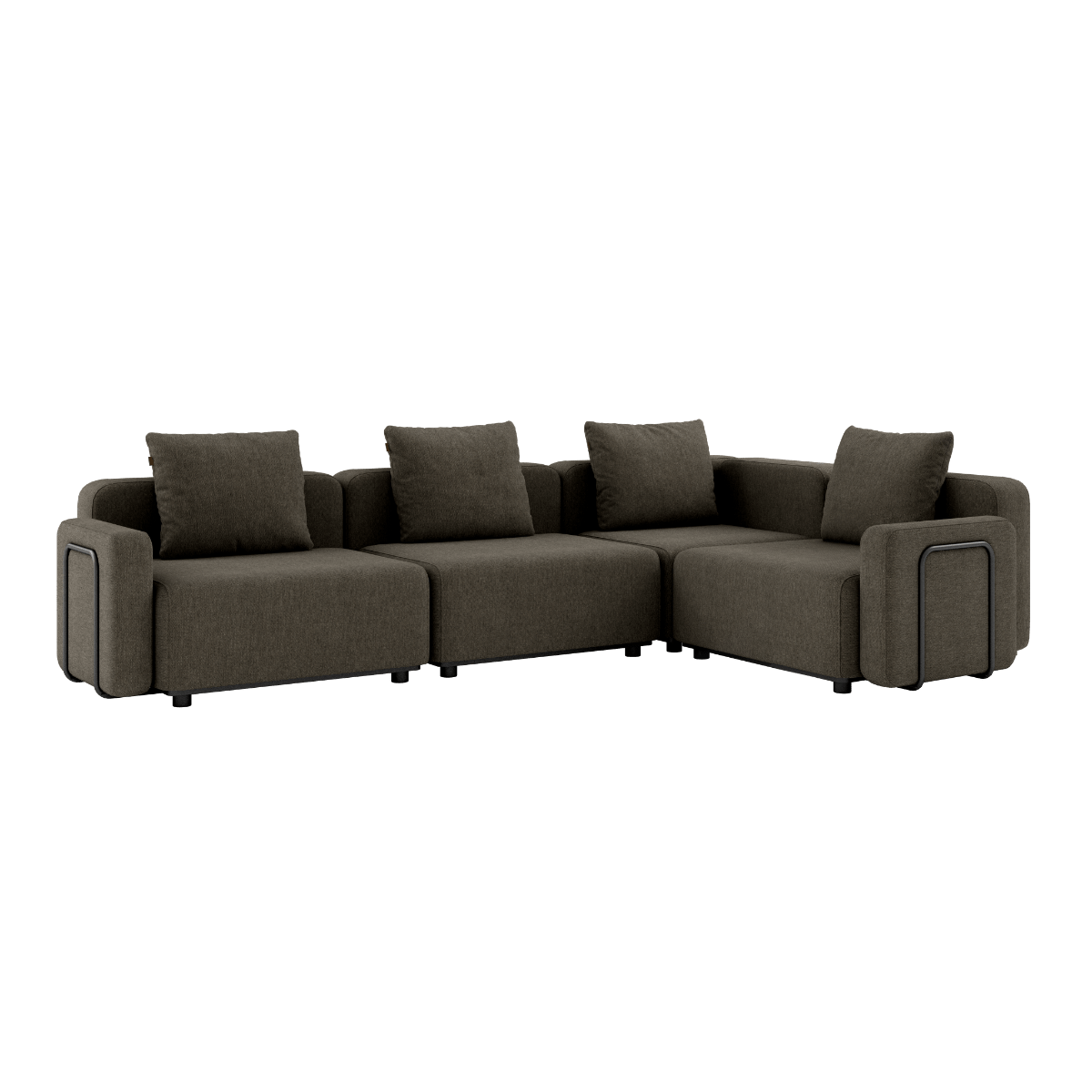 Mørkegrå modulopbygget hjørnesofa med fire siddepladser og bløde puder til hyggelige stunder udendørs.sax?