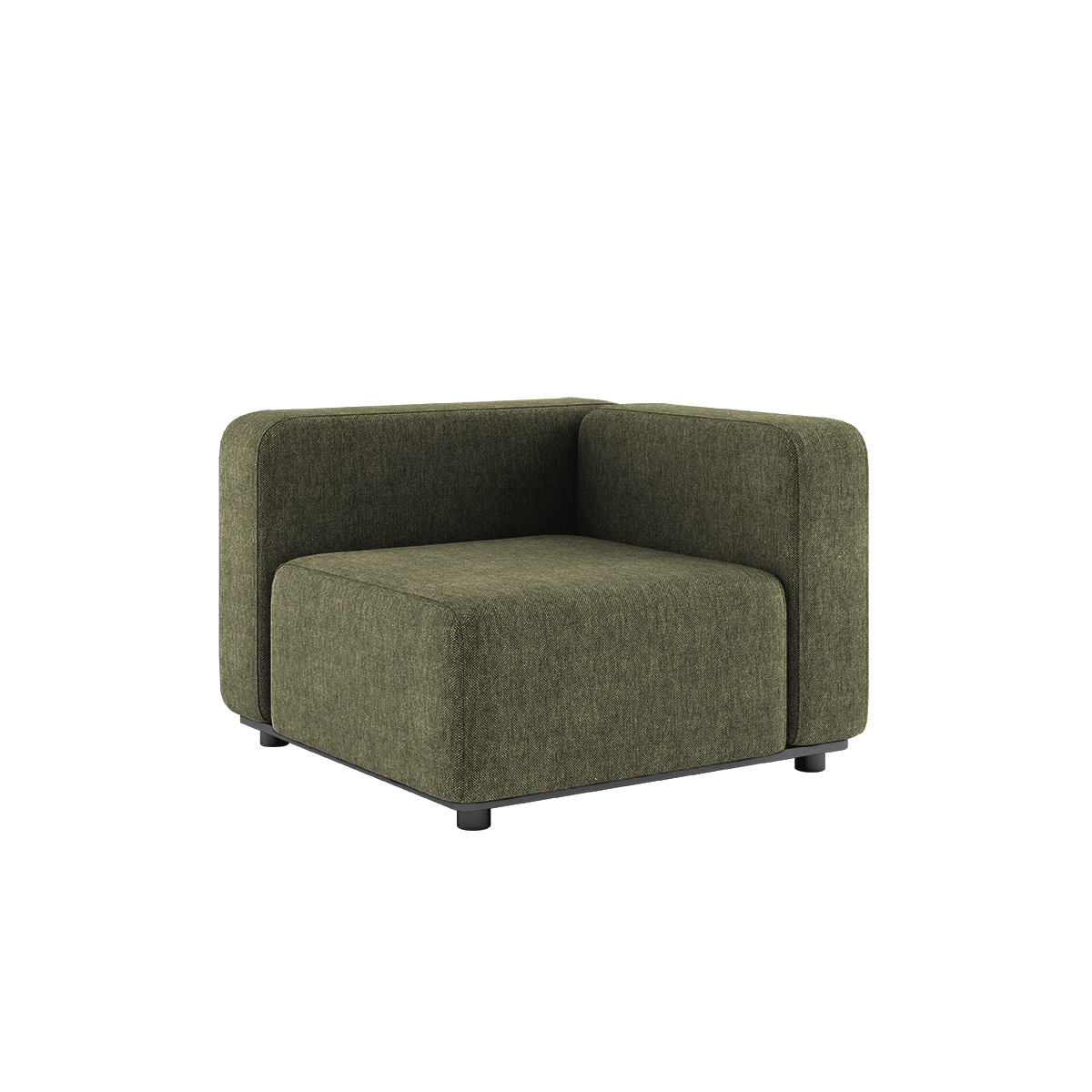 Olivengrønt hjørnemodul til udendørs modulsofa fra sackit med brede armlæn dyb siddeplads og vejrbestandigt design til nordisk vejr