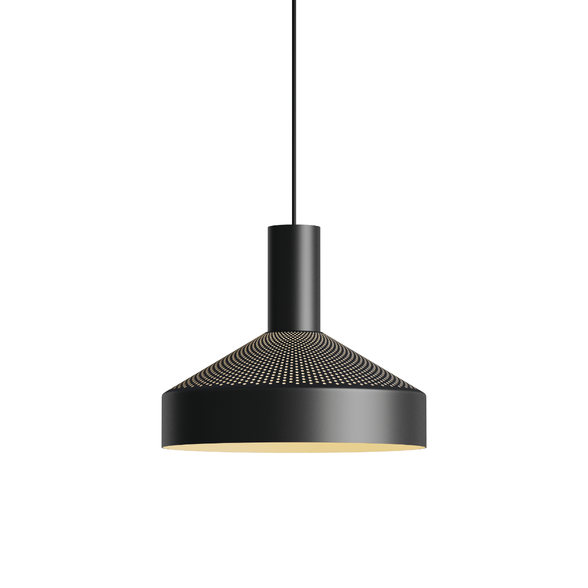 Sort pendellampe med perforeret skærm der giver et behageligt opadrettet lys og en varm glød fra den lyse inderside. Klassisk dansk design i moderne form.