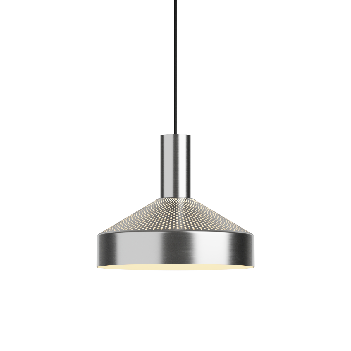 Pendellampe i metal fra Contract med perforeret overside og hvid inderskærm der giver et behageligt lys. Moderne dansk design til spisebord eller køkken.