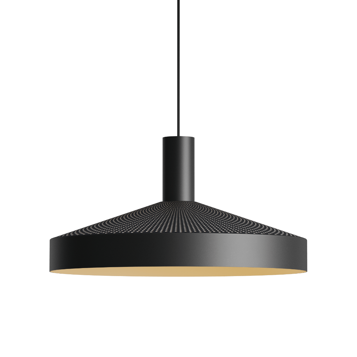 Sort moderne pendel med perforeret overside og varmtonet inderskærm. Dansk design med funktionelt lys til spisebord eller loungeområde