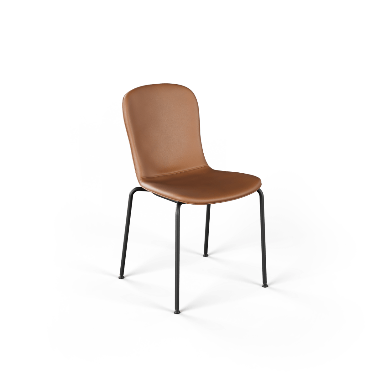 Brun spisebordsstol fra sackit med blødt formet sæde og ryglæn samt slanke sorte metalben og et moderne nordisk design
