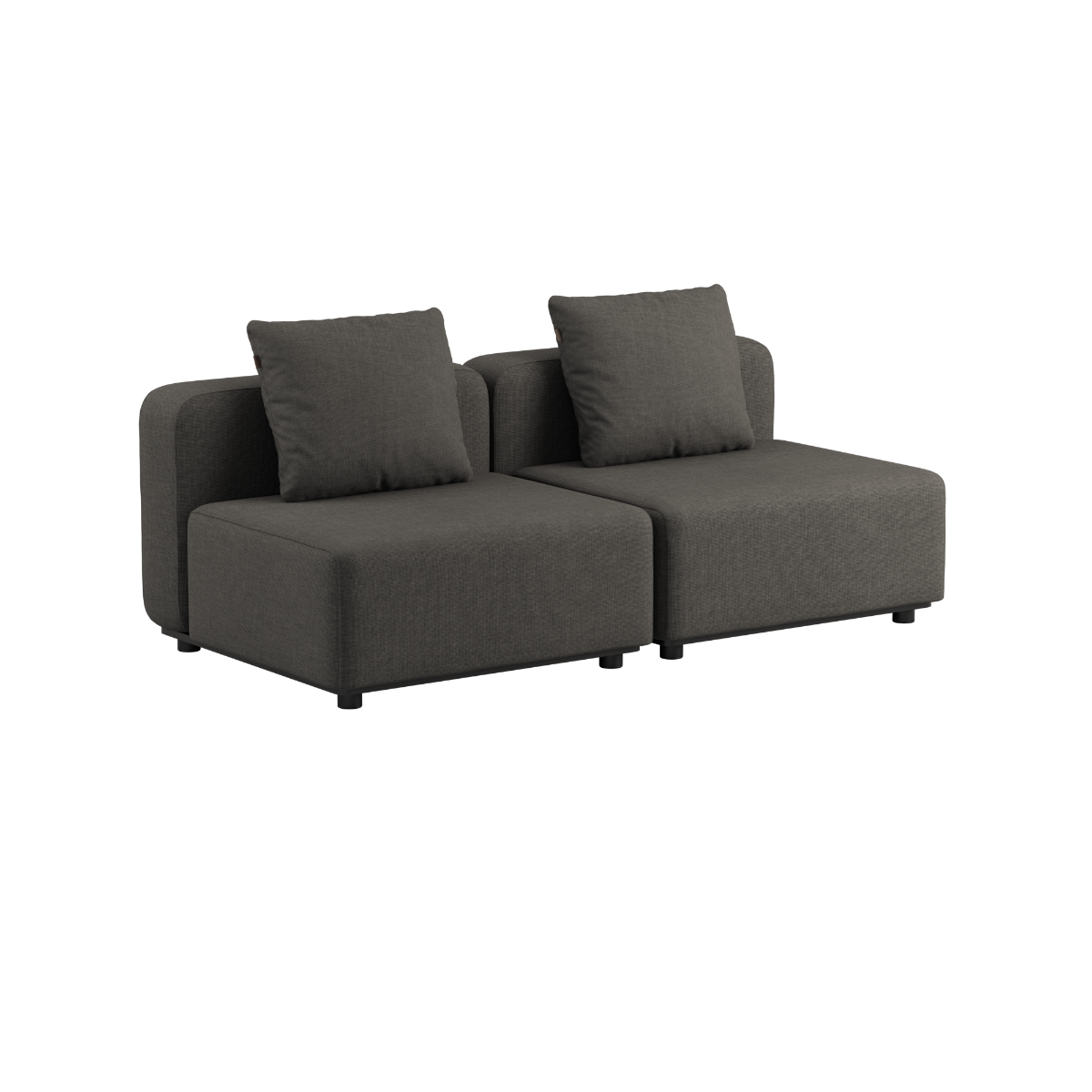 To-personers Cobana Lounge Sofa i Kirra Olive med armlæn og puf, udendørs med pulverlakeret aluminiumsramme.