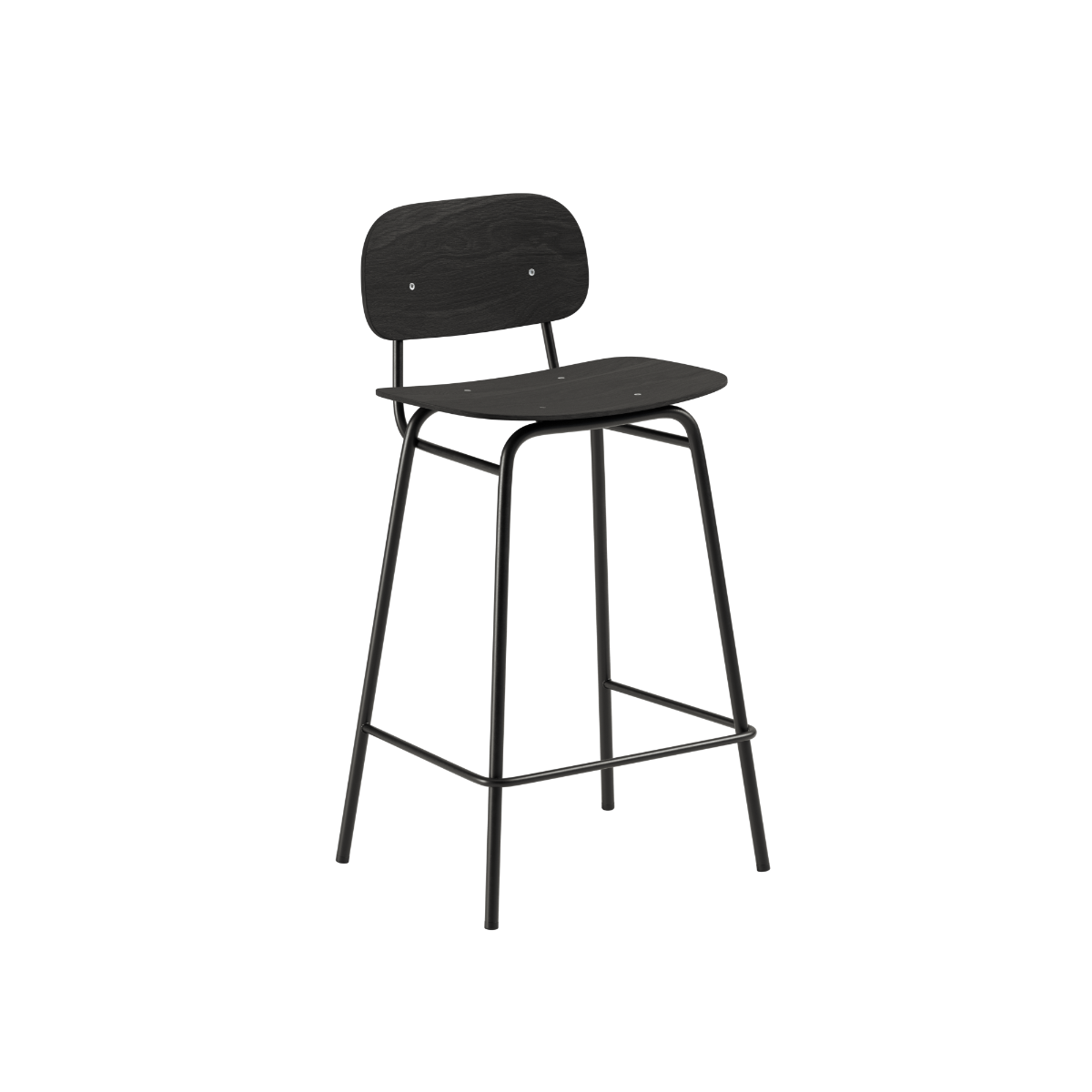 Frame Bar Stool i sortbejdset eg med lav højde og rygstøtte, stel i sort pulverlakeret stål.
