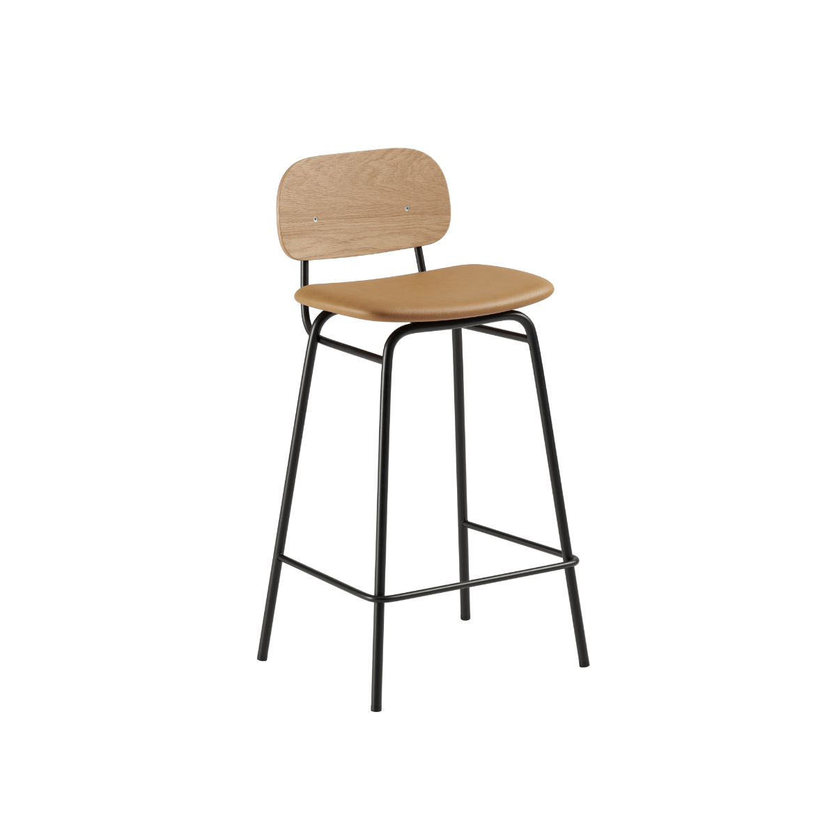 Frame Bar Stool lav model i Terra Safari læder med ryglæn og pulverlakeret stålstel.