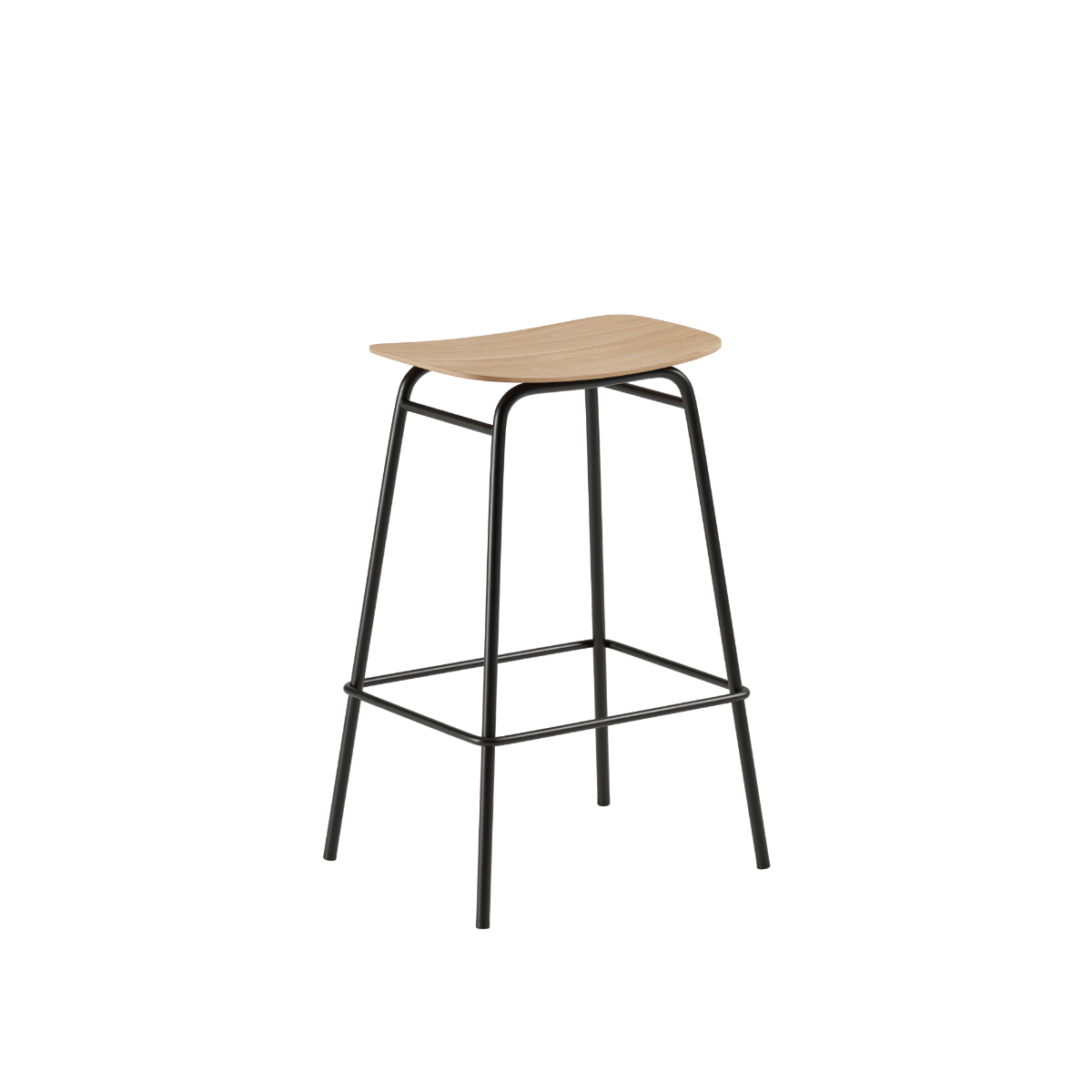 Frame Bar Stool i naturlig eg med 73 cm højde og stel i sort pulverlakeret stål.