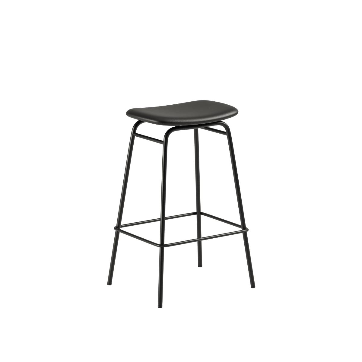 Frame Bar Stool i sort læder med ryglæn og pulverlakeret sort stålstel, højde 73 cm.