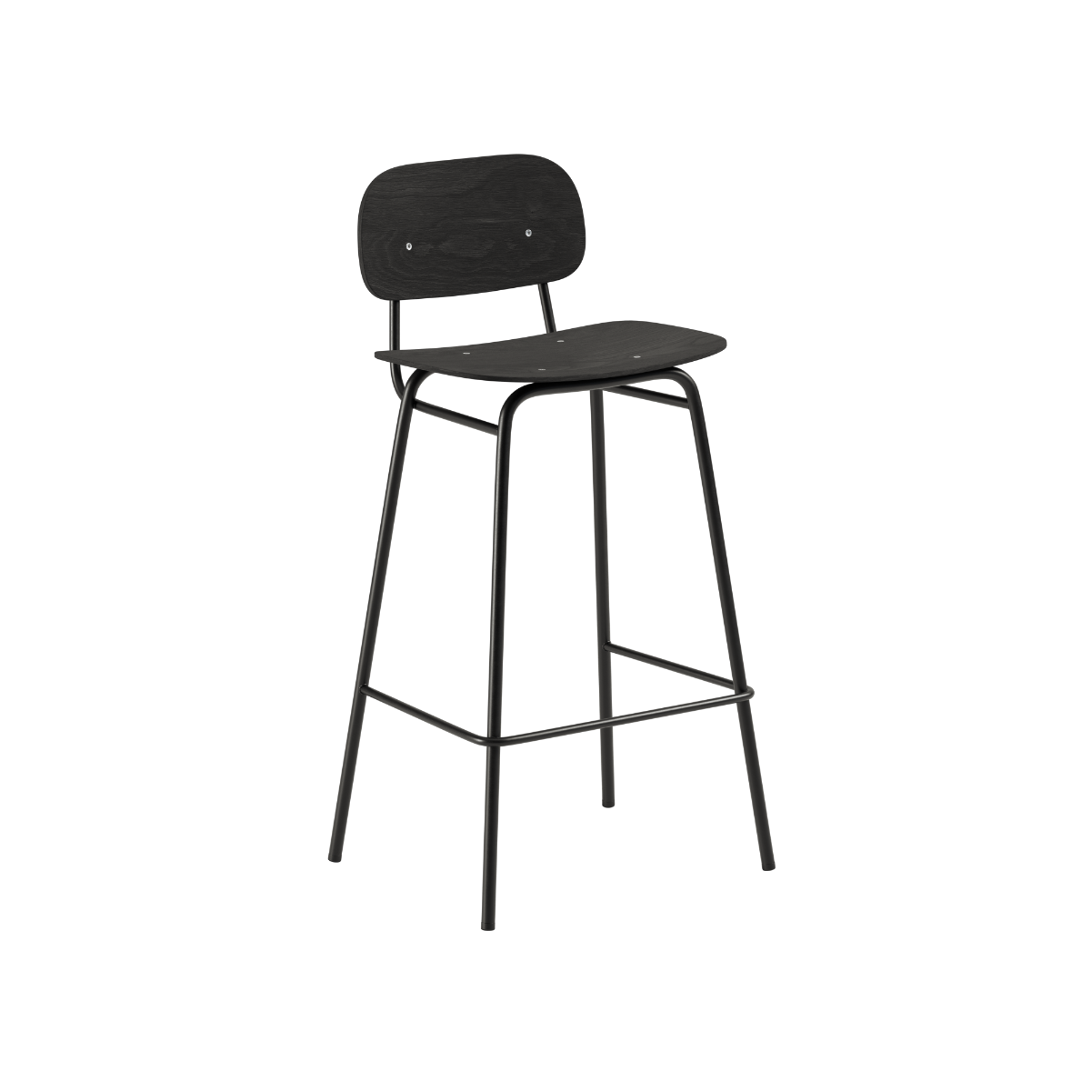 Sortbejdset egetræ barstol med ryglæn og sort pulverlakeret stel, 73 cm høj.