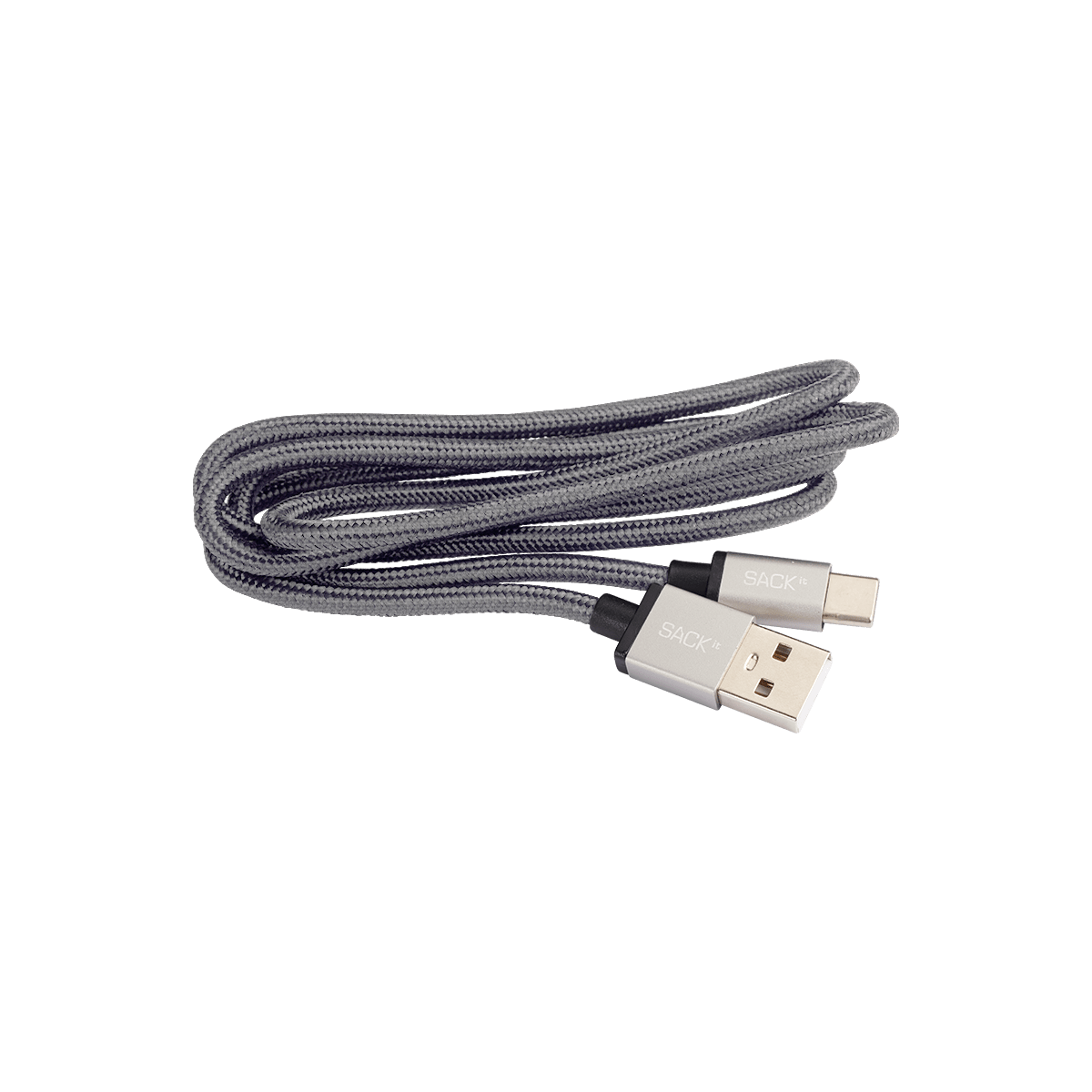 Gråt USB-C laderkabel med stofledning, 1 meter langt, til opladning.