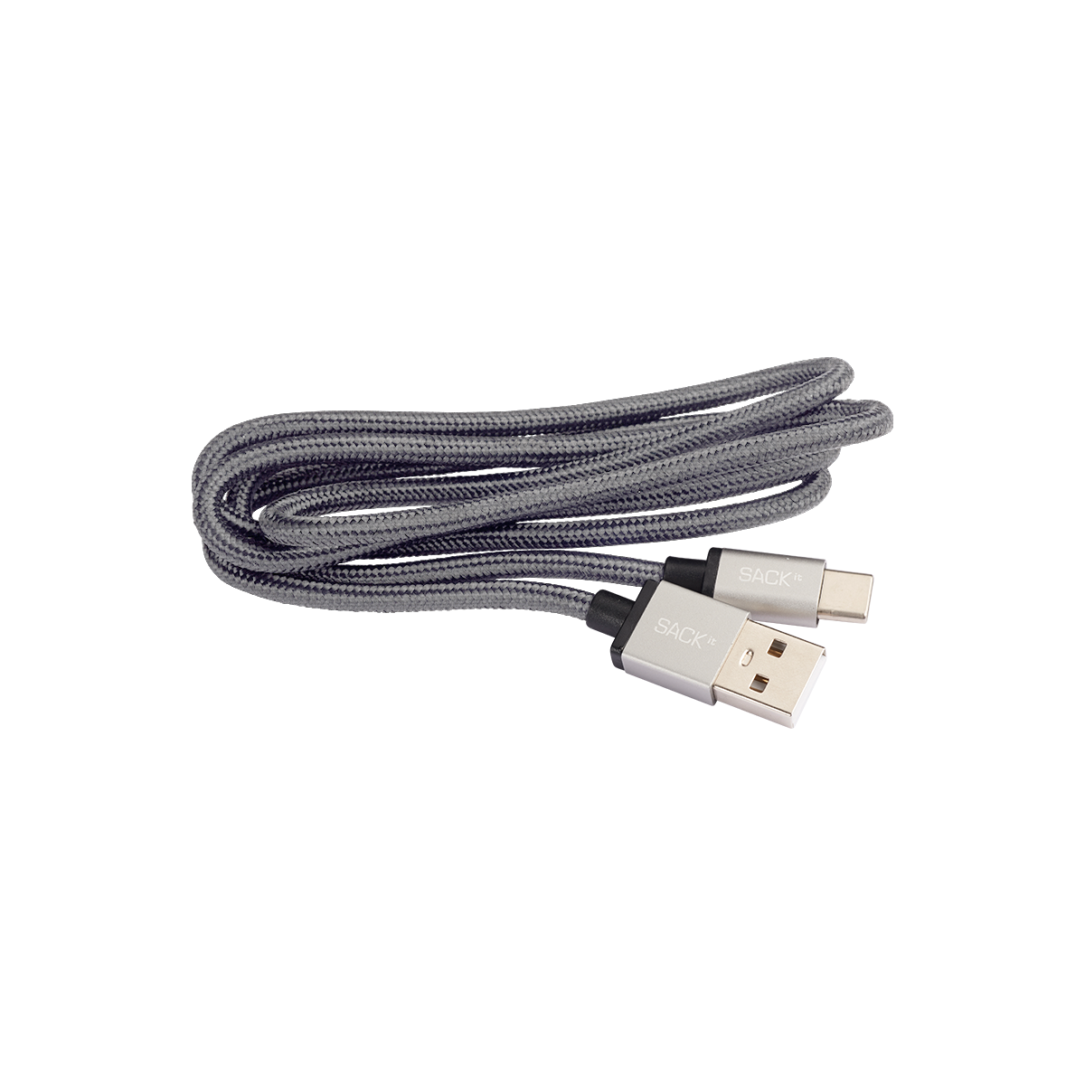 Flettet USB C ladekabel fra sackit med USB stik og USB C stik til opladning af CHARGEit. Kablet er en meter langt og har metalfarvede stik