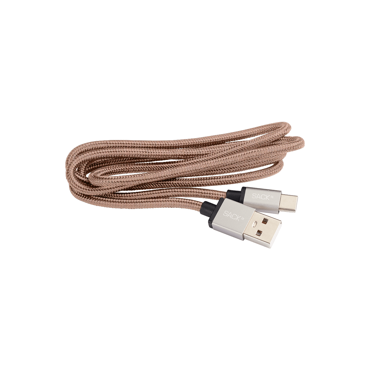 USB-C laderkabel i rosa med stofbelagt ledning, 1 meter langt.