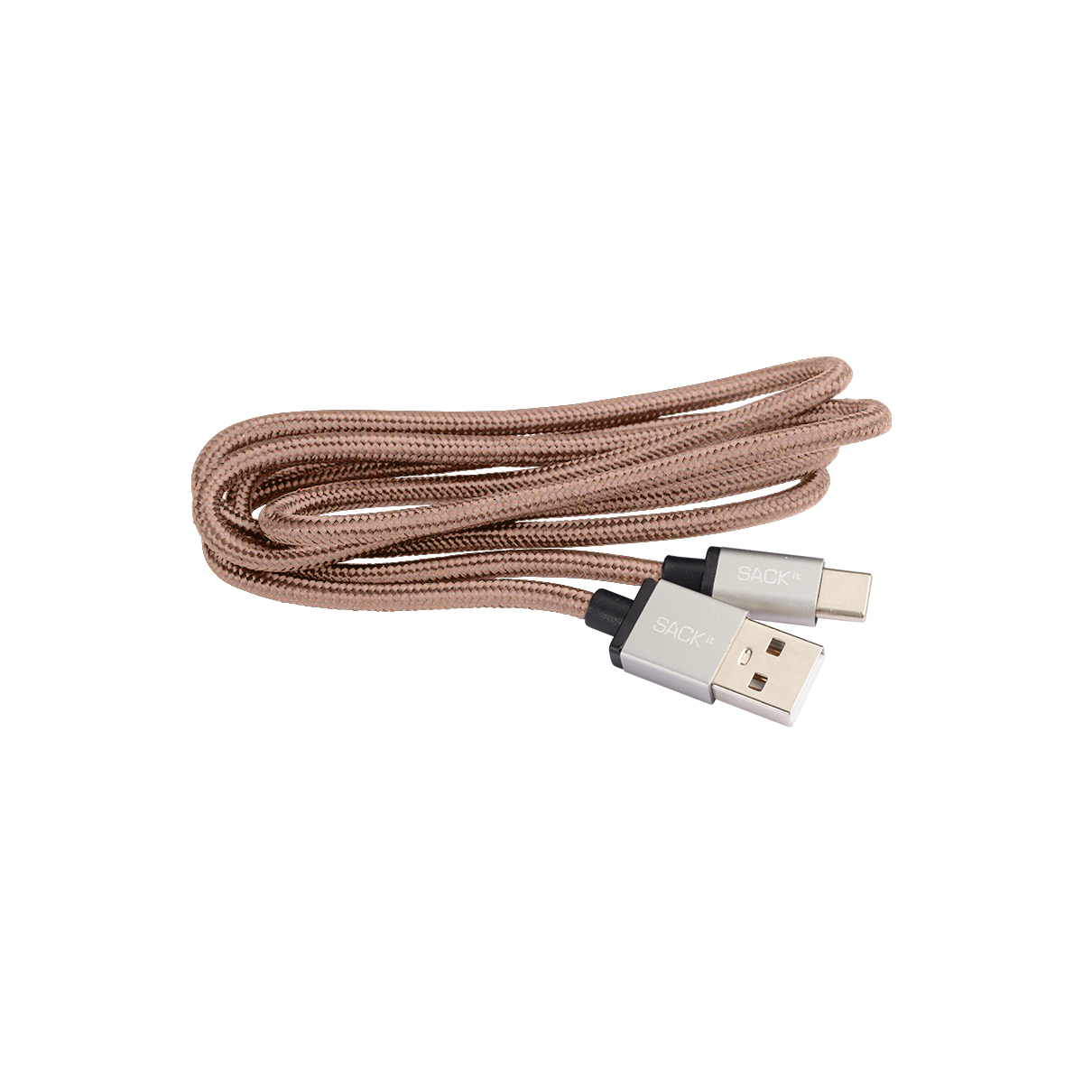 Brunt flettet USB-C ladekabel på 1 meter med USB-stik og USB-C stik fra sackit til opladning af CHARGEit