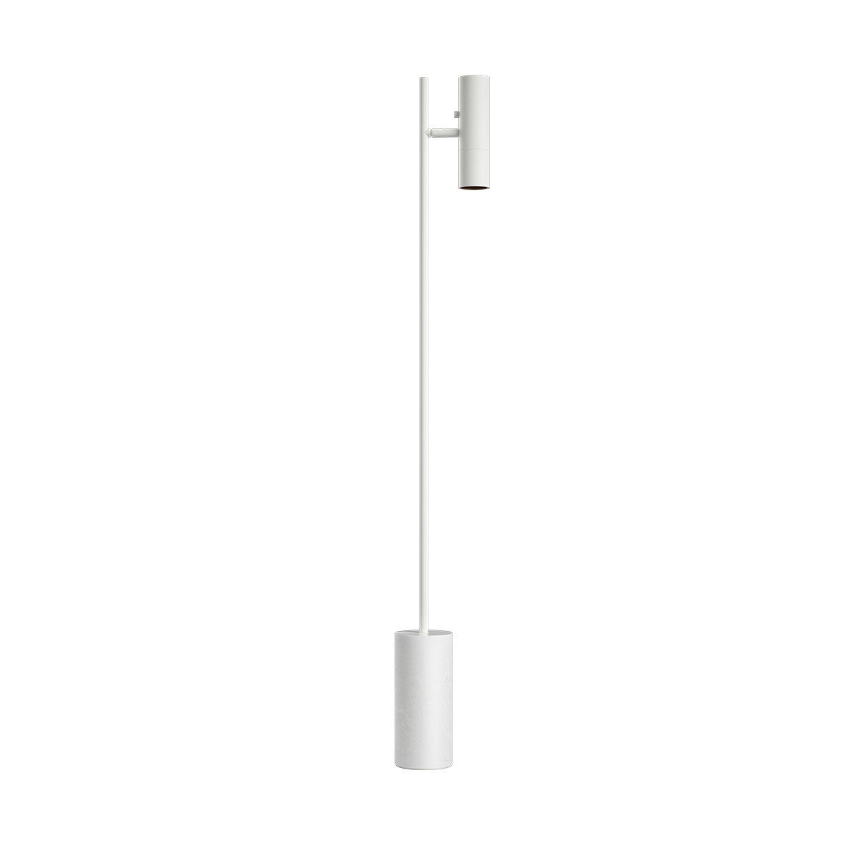 Hvid Expo Floor gulvlampe med mat aluminium og marmorfod i enkelt design.