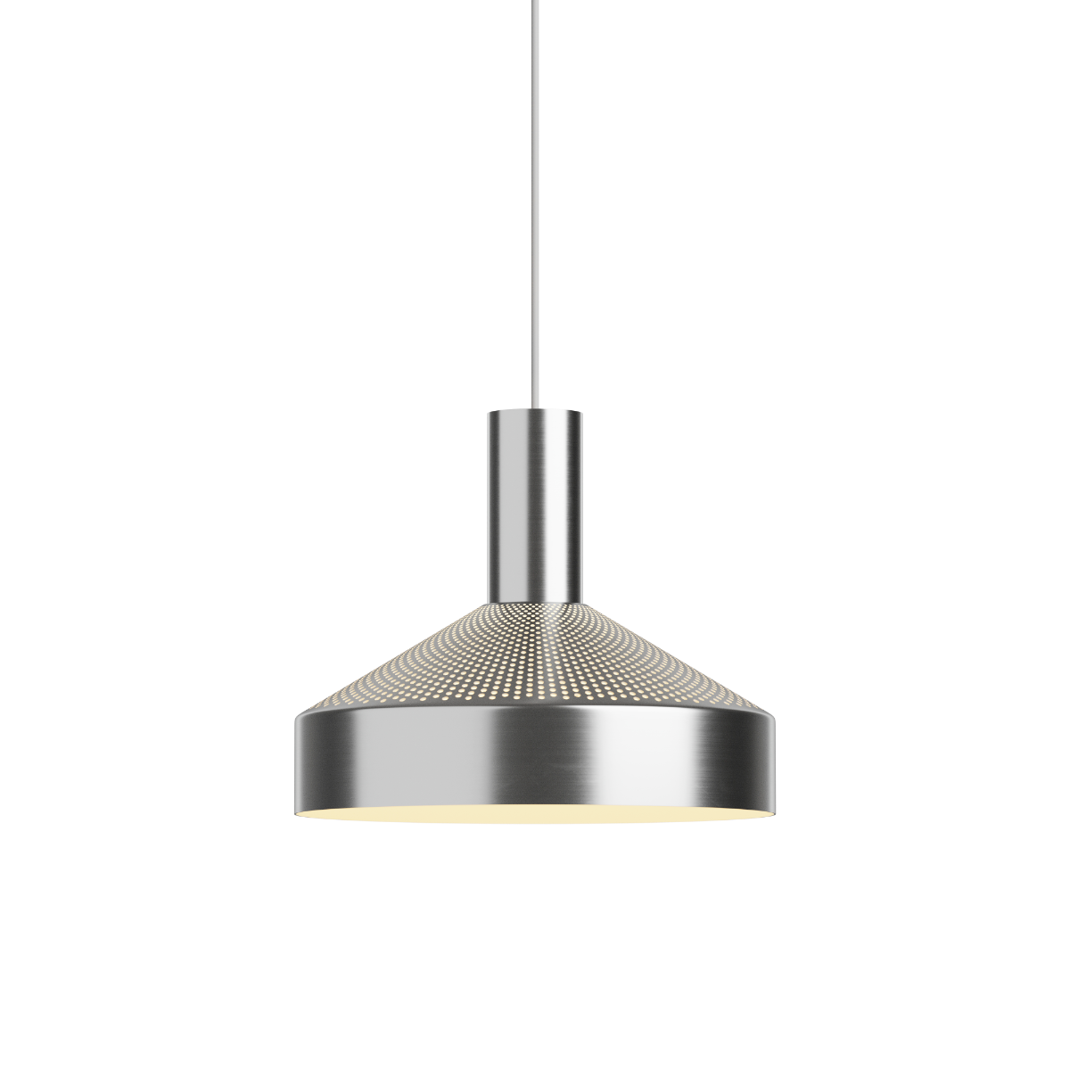 Dawn Pendant Ø25 i poleret aluminium med perforeret top og hvidmalet inderskærm.