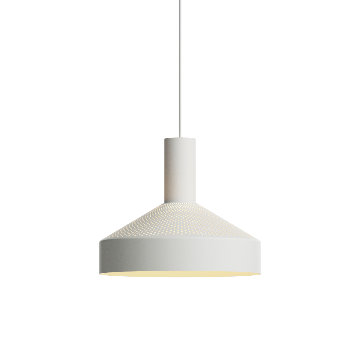 Hvid Dawn Pendant Ø25 indendørs lampe med perforeret aluminiumsskærm og 3 meter ledning.
