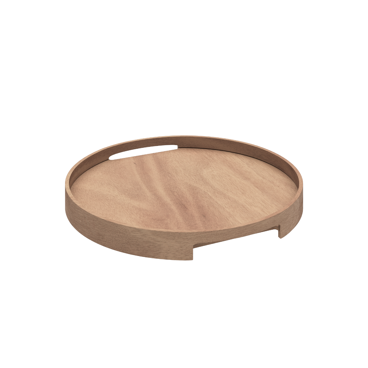 Rund serveringsbakke i naturlig eg med høj kant og integrerede håndtag i trædesign.