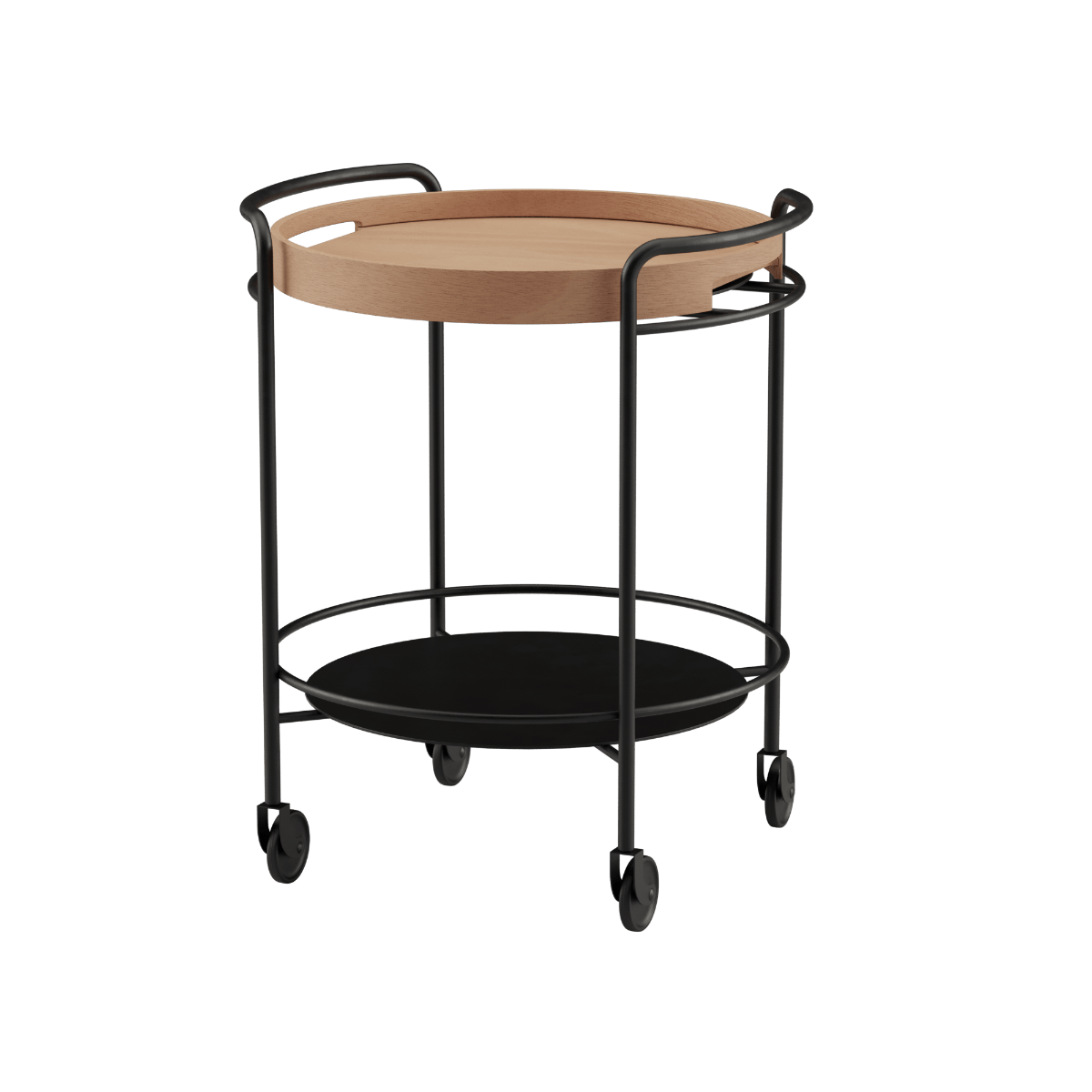 Serving Table med sortlakeret stål og rund serveringsbakke i naturlig egetræsfiner på hjul.