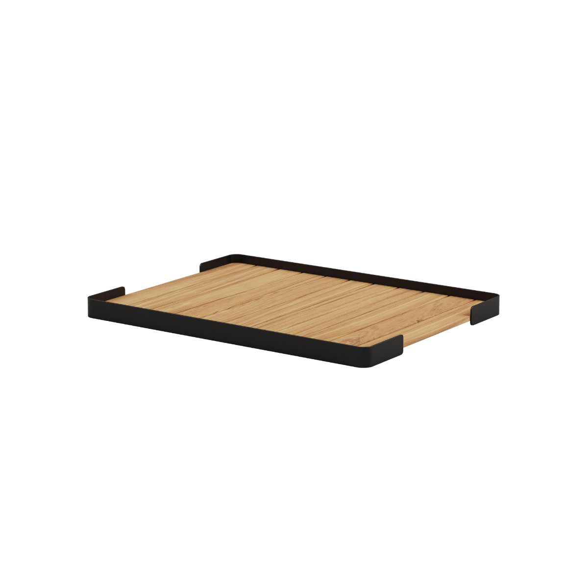 Sort Patio Pouf Tray i teak og aluminium til udendørs brug, formtilpasset til Soft Sofa Outdoor Pouf.