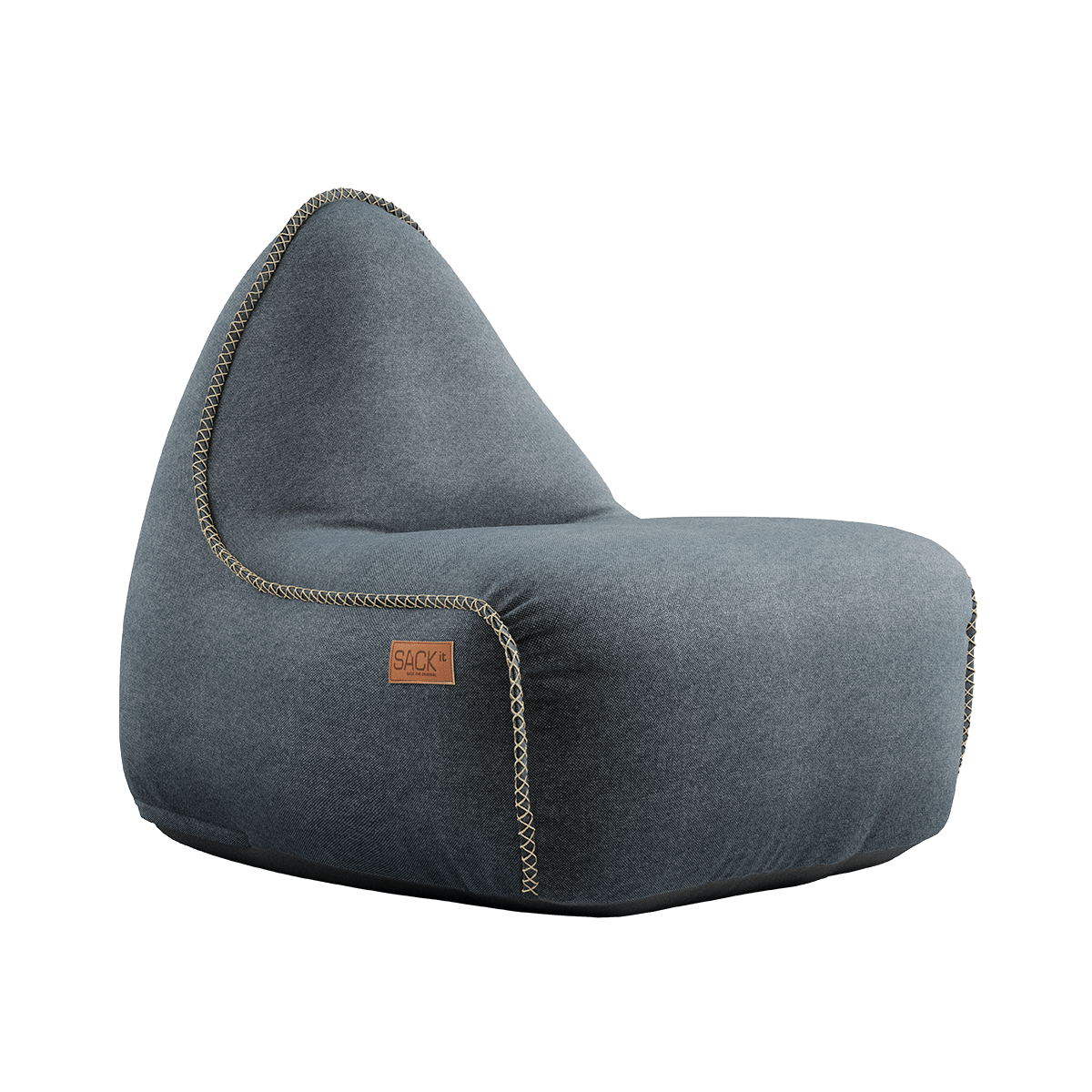 Canvas Lounge Chair i petrolfarvet canvas med ryglæn og håndsyede sting, indendørs sækkestol.