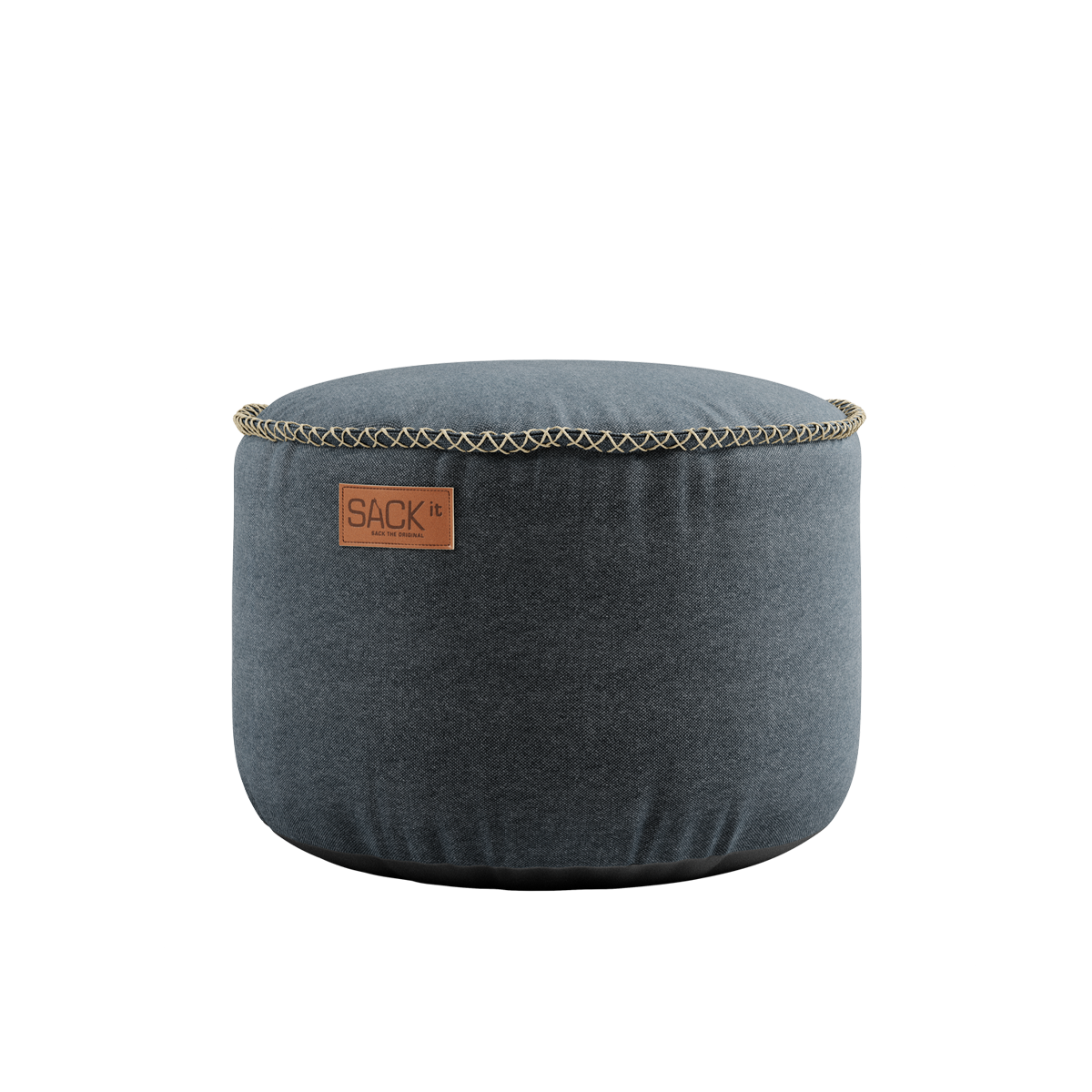 Canvas Pouf i petrolblåt canvasstof med håndsyede hørsting og rund form.