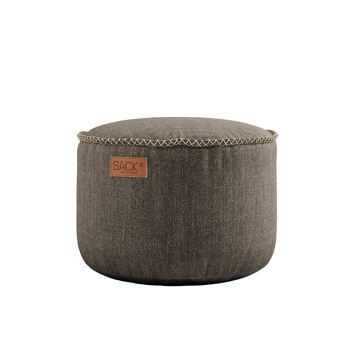 Cobana Pouf i brun Cobana-stof med rund form og håndsyede sting, velegnet til indendørs og udendørs brug.