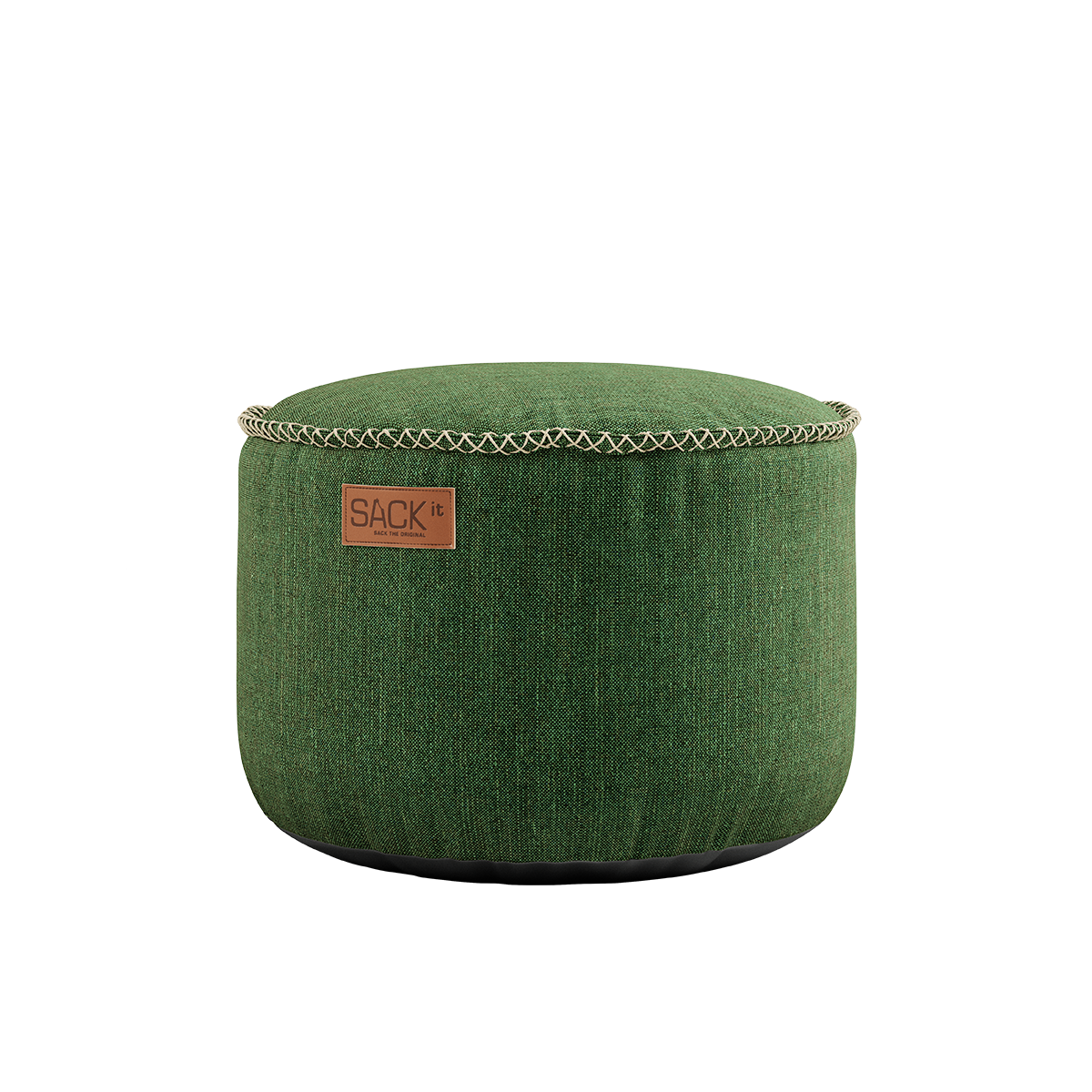 Grøn Cobana Pouf i vandafvisende stof med rund form og håndsyede sting.