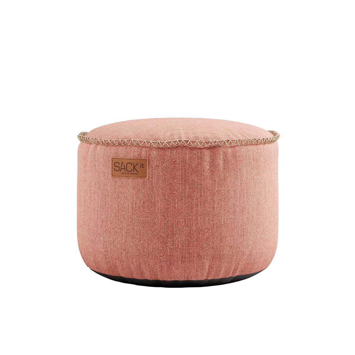 Rund Cobana Pouf i rosa Cobana-stof med håndsyede sting, egnet til indendørs og udendørs brug.