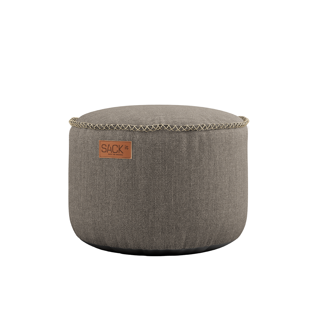 Cobana Pouf puf i taupe farvet vandafvisende stof med rund form og håndsyede sting.