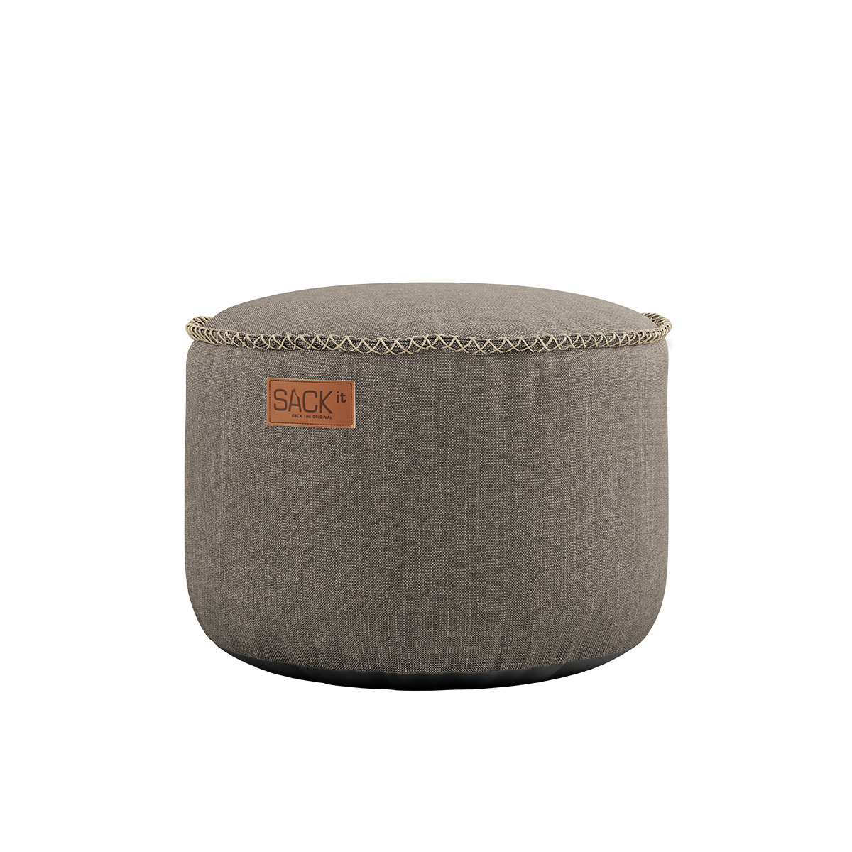 Rund Cobana Pouf i taupe farve med slidstærkt stof og håndsyede sting.