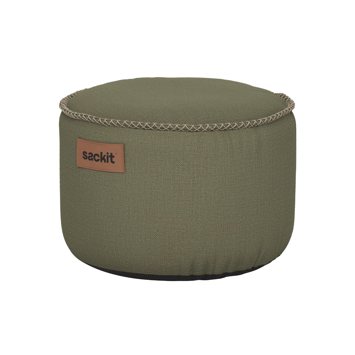 Kirra Olive Cobana Pouf i rund form med håndsyede sting i slidstærkt, vandafvisende stof.