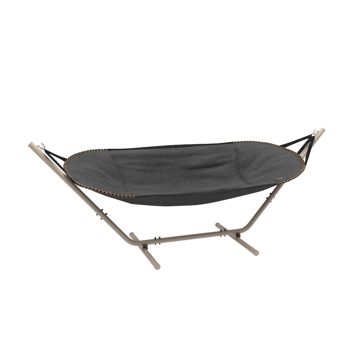 Cobana Hammock hængekøje i grå olefin med taupe pulverlakeret aluminiumsstel til udendørs brug.