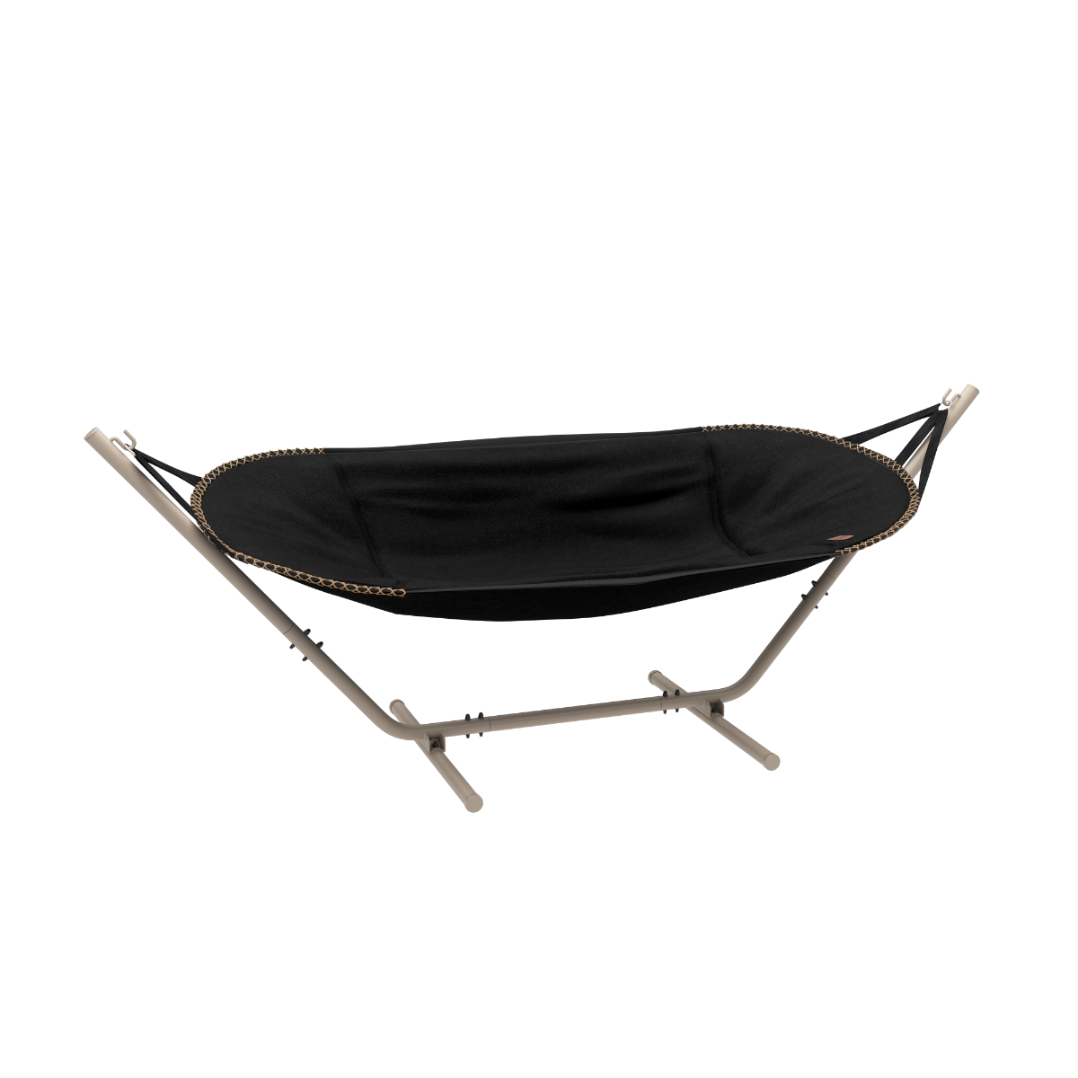 Cobana Hammock hængekøje i sort olefin stof med taupe pulverlakeret aluminiumstel til udendørs brug.