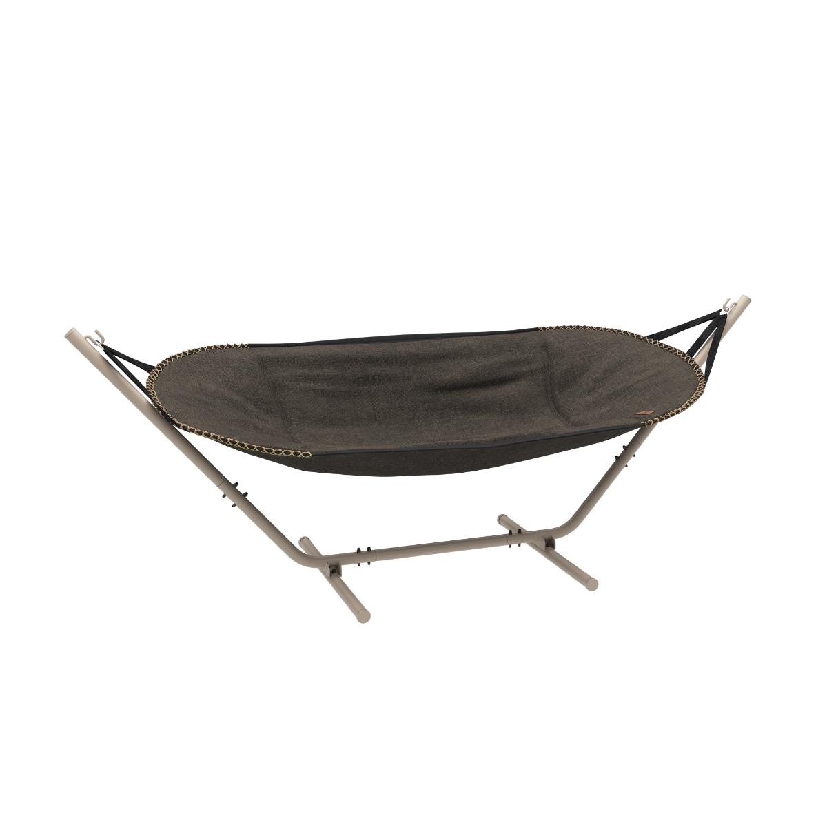 Cobana Hammock hængekøje i brun olefin med taupe pulverlakeret aluminiumsstel til udendørs brug.
