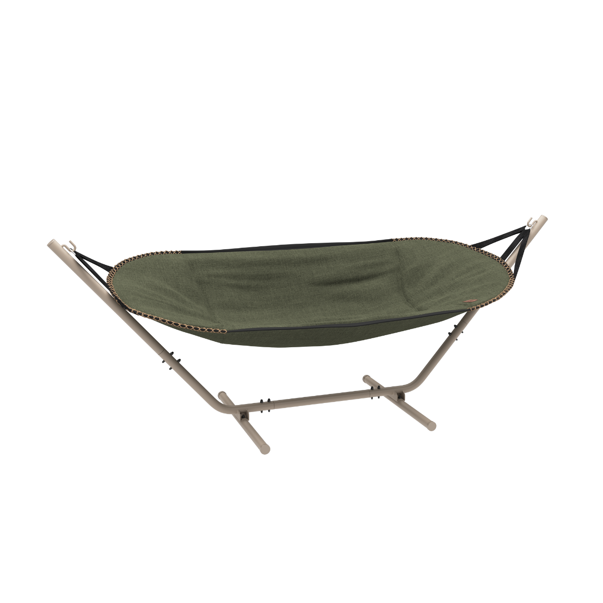 Cobana Hammock hængekøje i Kirra Olive med taupe pulverlakeret aluminiumstel til udendørs brug.