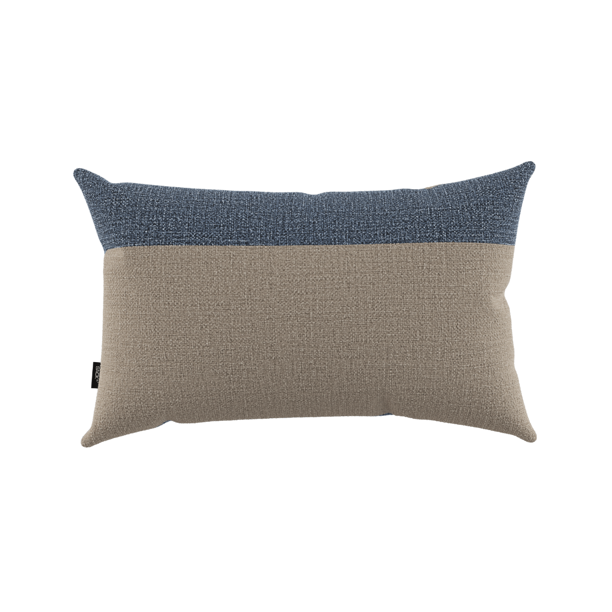 Tide Cushion i sand og indigo farve med farveblokke, udendørs pyntepude i slidstærkt tekstil.