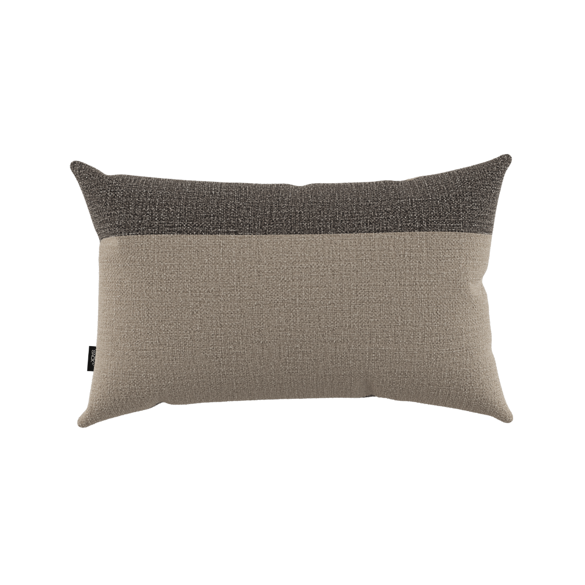 Tide Cushion i sand og noir farver med farveblokke, blød og vejrbestandig udendørspude.