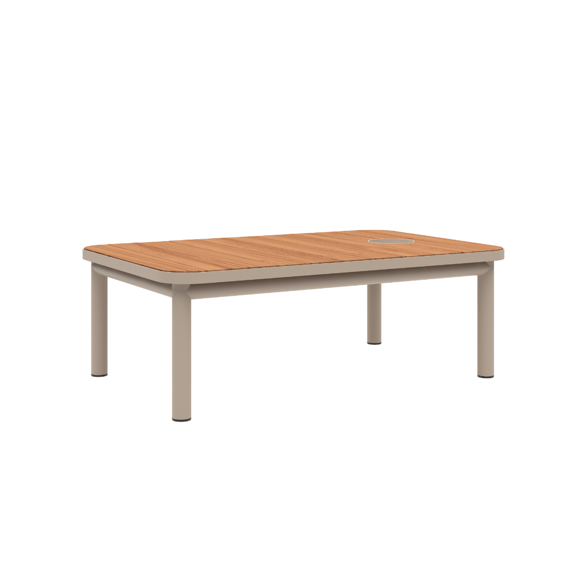 Udendørs Kirra Coffee Table i taupe pulverlakeret aluminium med teaktræsbordplade og accessory fit.