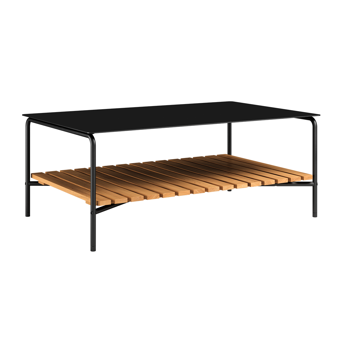 Udendørs Patio sofabord i sort pulverlakeret aluminium med teaktræshylde, 113x70 cm, uden accessory fit.