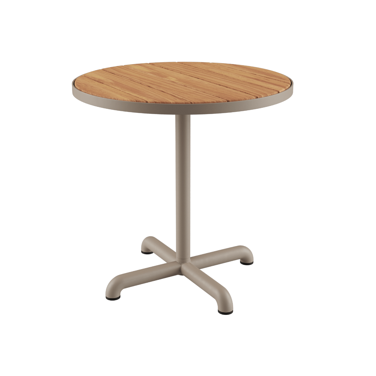 Udendørs Kirra Café Table i taupe pulverlakeret aluminium med teaktræ bordplade, rund form.