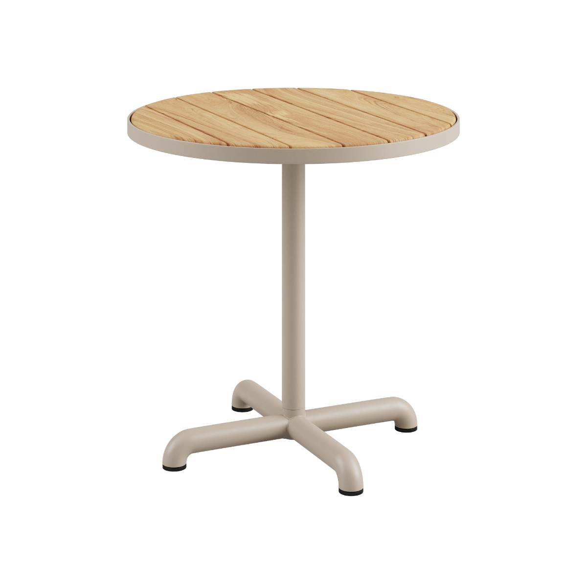 Kirra Café Table udendørs spisebord i pulverlakeret aluminium med teaktræ, taupe farve, rundt bord.