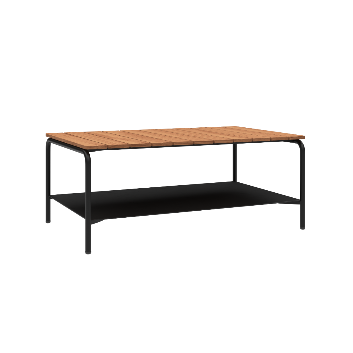 Udendørs sofabord i sort pulverlakeret aluminium med teaktræsbordplade, 110x70 cm