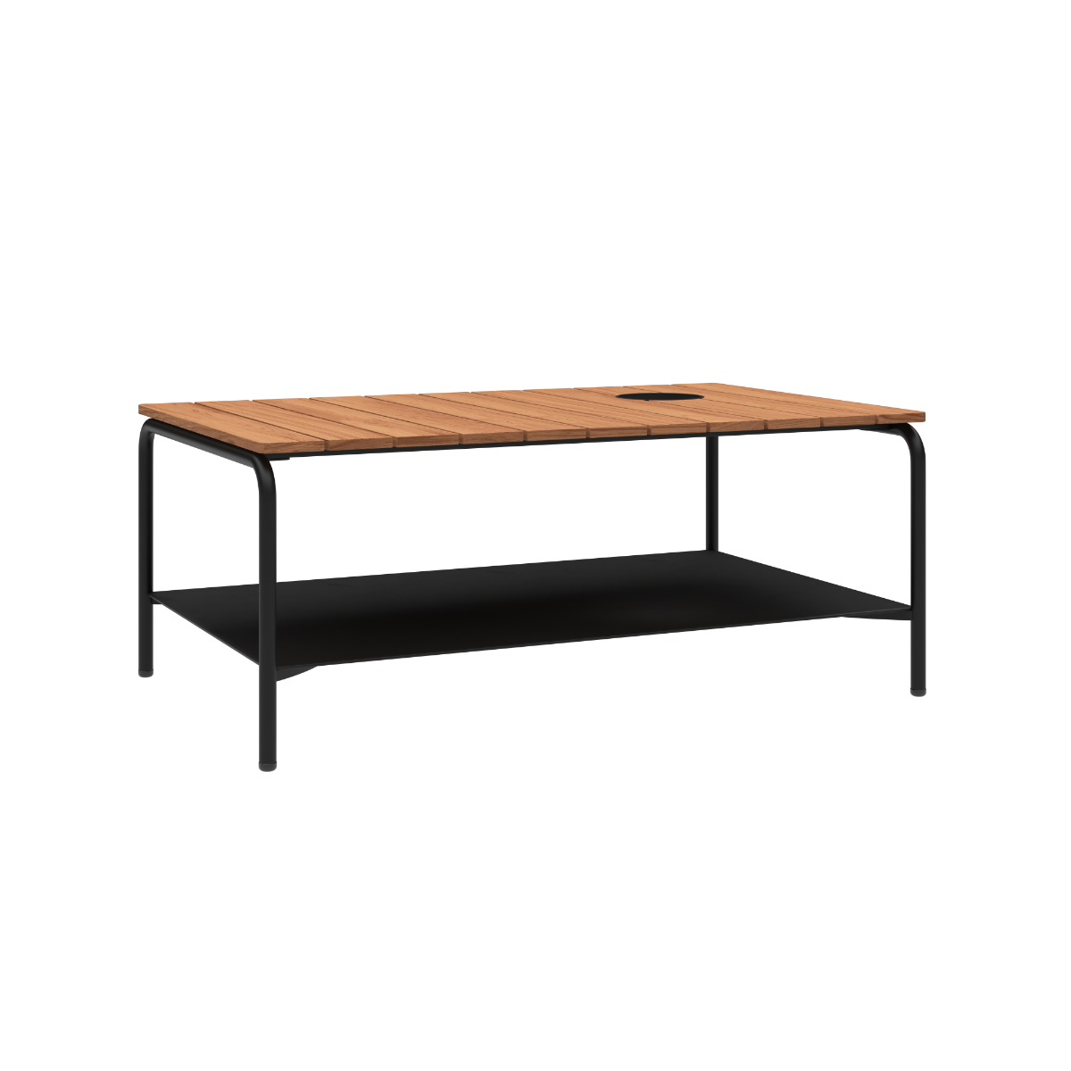 Udendørs sofabord i pulverlakeret aluminium med teaktræsbordplade og Accessory Fit, 110x70 cm.