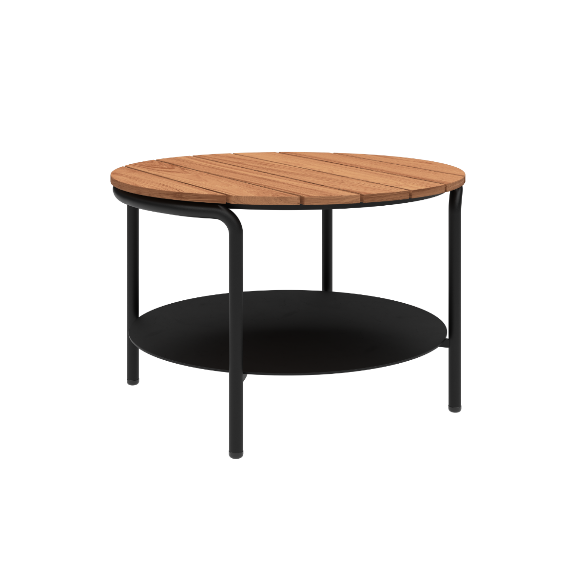 Sort Patio Coffee Table med rund teaktræsbordplade og pulverlakeret aluminiumsstel, Ø70 cm.
